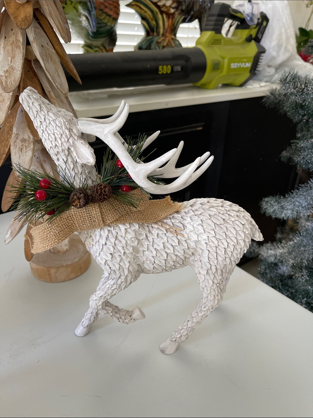 Rustic White Decorative Reindeer with Burlap Collar - Home Holiday